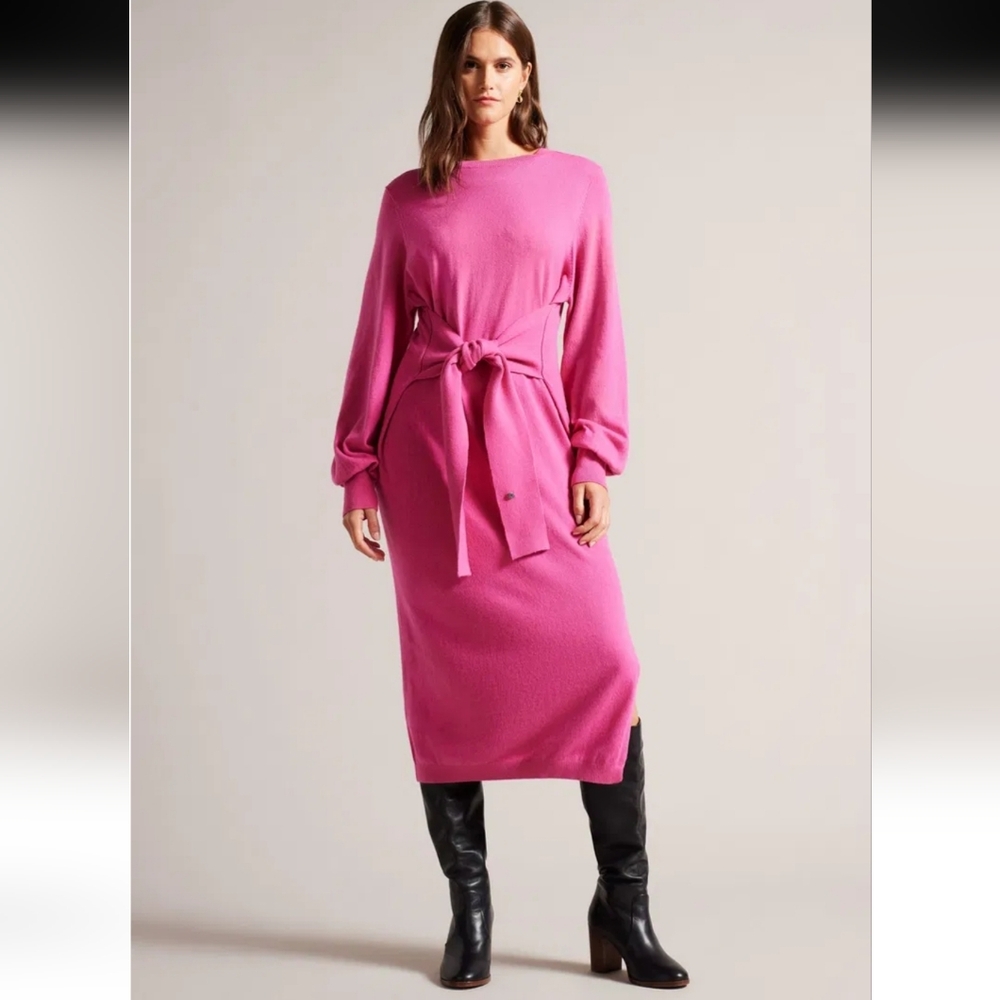 Ted Baker Essya Slouchy Tie Front Knit Midi Dress Size 8 Bright Pink
